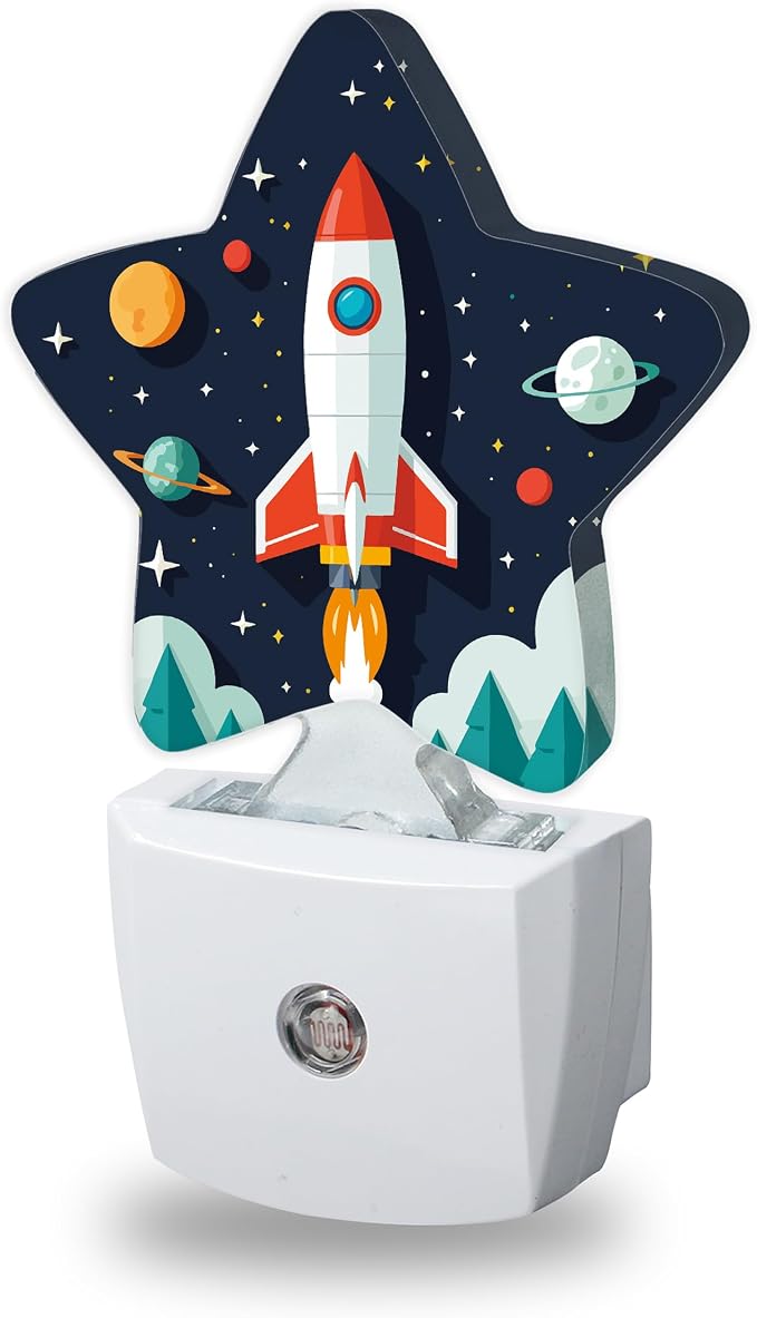 Cartoon Rocket Night Light for Kids,Space Planets Night Lights Plug Into Wall, Lightweight Dusk to Dawn Light Sensor Warm Nightlights for Girls Boys Bedroom Nursery Basement