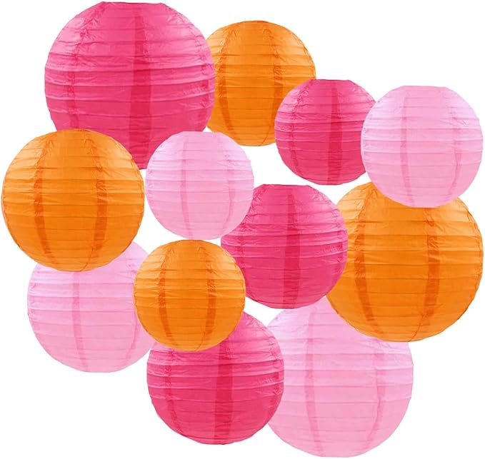 12pcs Hot Pink and Orange Paper Lanterns - Round Ceiling Hanging Paper Lampshades,for Birthday, Baby Shower, Wedding, Party Decorations (4", 6", 8", 10")