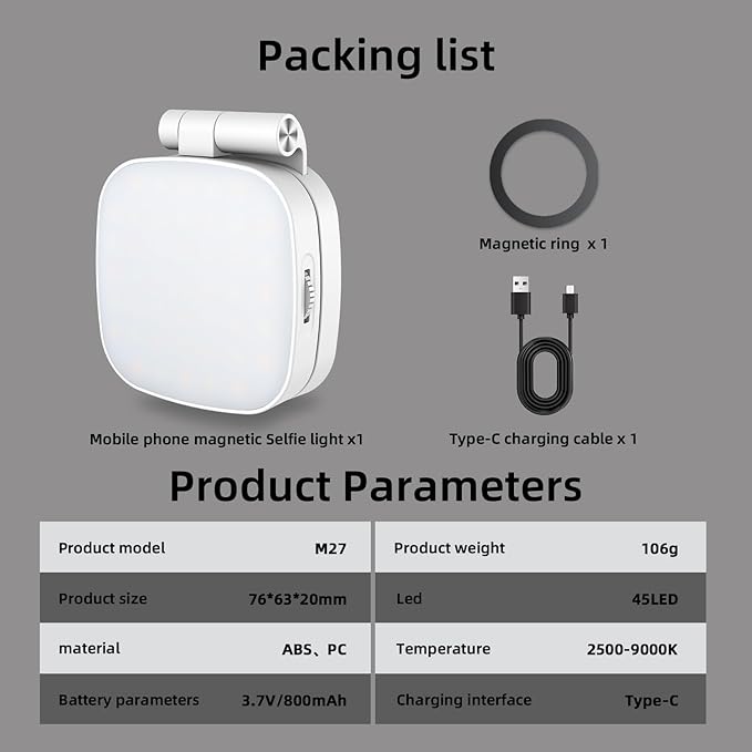 Magnetic Selfie Light Compatible for MagSafe iPhone, CRI 95+ 700lx/0.3m Folding LED Phone Fill Ring Lighting with Full Mirror for Zoom Makeup Photography Recording Video Conference TikTok (M27-White)
