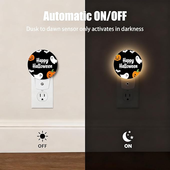 Mugod Happy Halloween Plug-in Nightlights Pumpkins Ghosts and Bats Night Light Plug into Wall with Dusk-to-Dawn Sensor LED Lighting 0.5W Sleep-Friendly