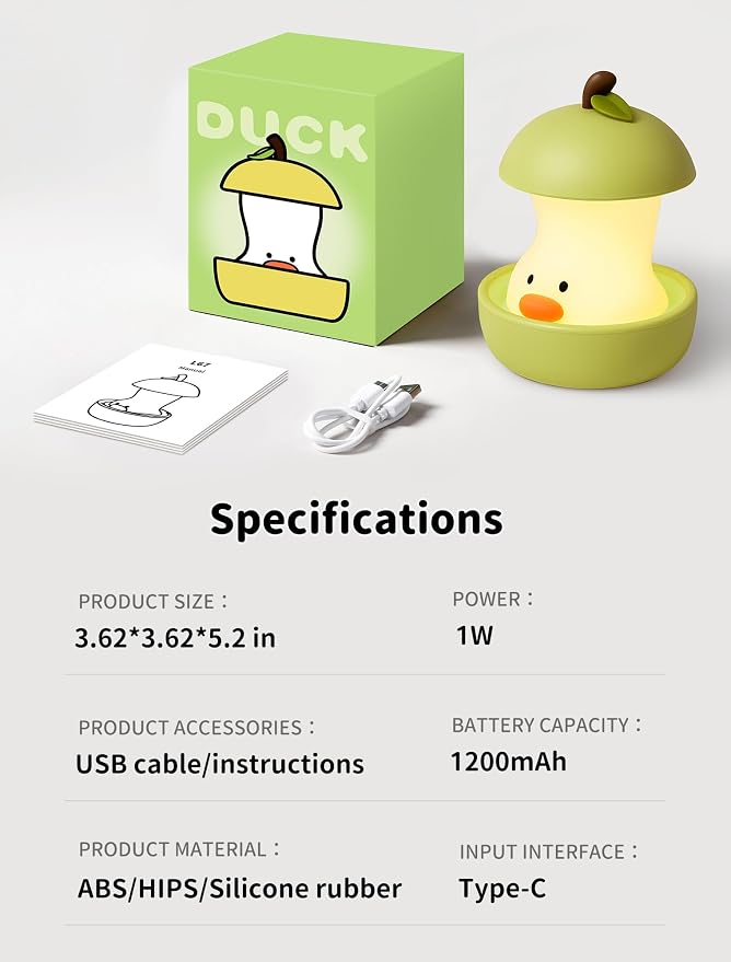 Night Light for Kids, Rechargeable Bedside Touch Lamp, Portable Dimmable Nightlight, Cute Nursery Night Lights, Funny Gifts for Baby, Teens, Adults, Table Decor(Pear Duck Green)