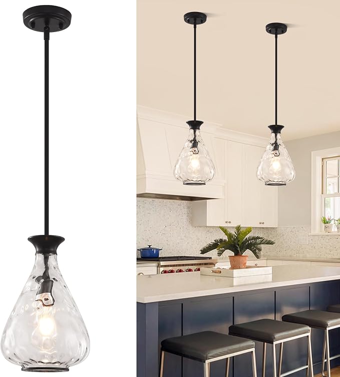 2 Pack Modern Pendant Lights Kitchen Island, Matte Black Pendant Light Fixtures with 8.5" Clear Hammered Glass Shade, Industrial Hanging Pendant Lights Fixture for Kitchen Island Dining Room Entryway