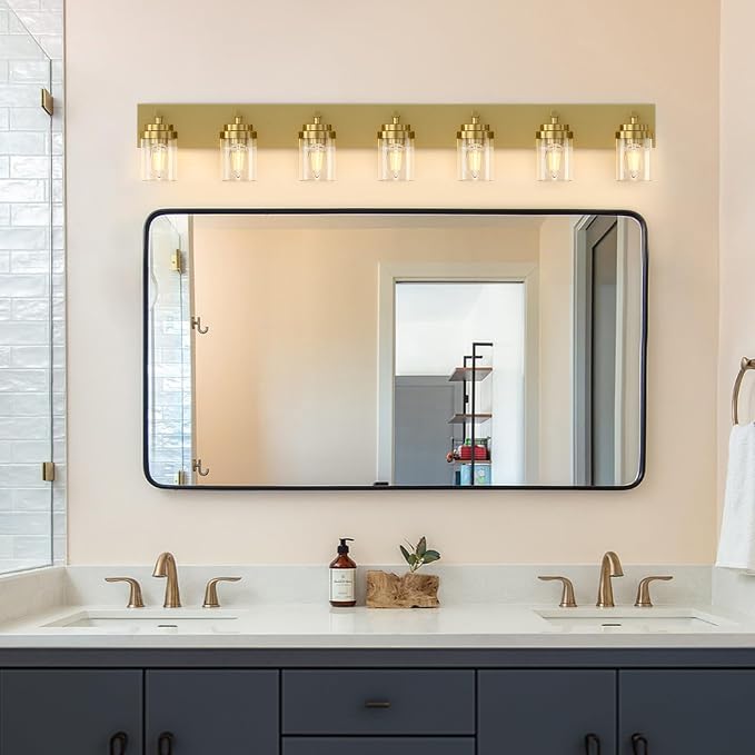 IZORRO Bathroom Vanity Light Fixture, 7-Light 52 inch Gold Bathroom Light Fixtures Over Mirror, with Clear Glass Shade, Modern Farmhouse Vanity Lights, Rustic Restroom Lighting Fixtures
