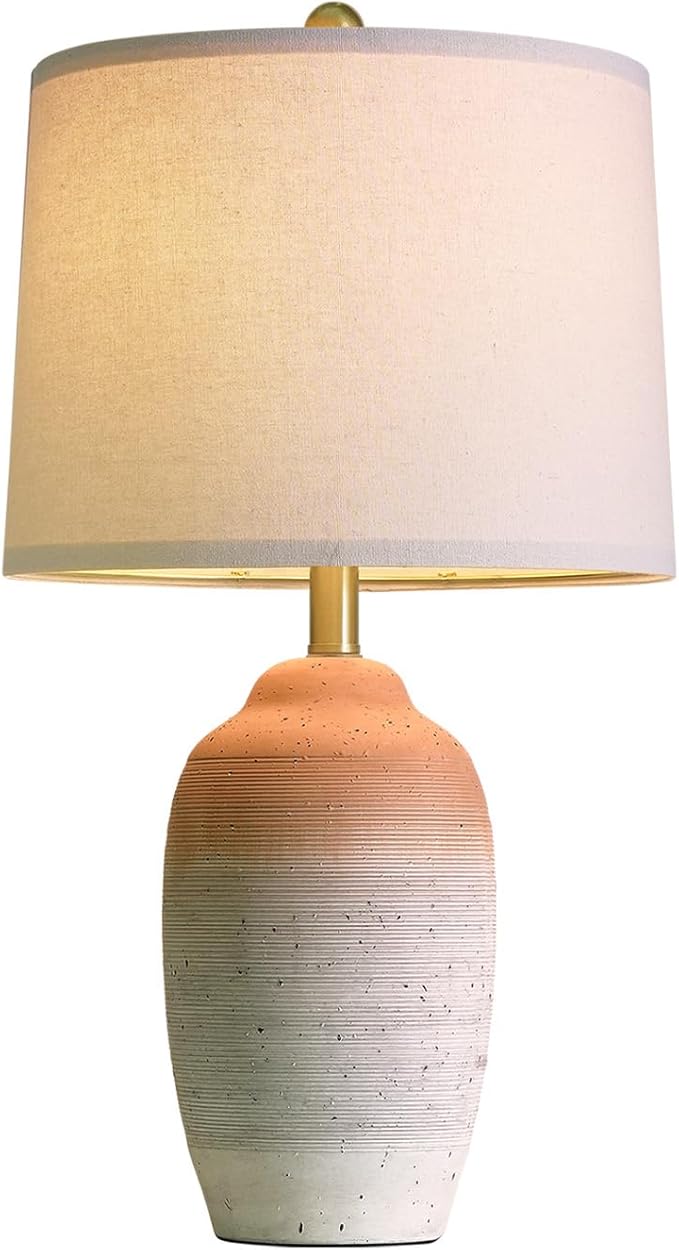 24.5" Ceramic Table Lamp with 5FT Cord, Single Farmhouse Vintage Rustic Bedside Lamp for Living Room Bedroom Entryway, Linen Shade Nightstand End Table Decor (Bulb Not Included)-White&Brown