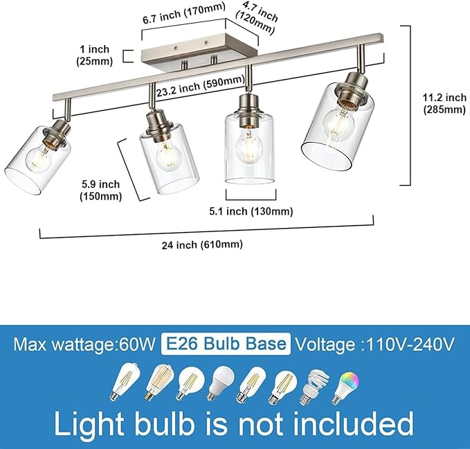 4-Light Brushed Nickel Bathroom Vanity Lighting, Modern Track Lighting Fixtures Ceiling Flush Mount Ceiling Light with Clear Glass Shade Flexibly Rotatable Light Head Kitchen Track Light