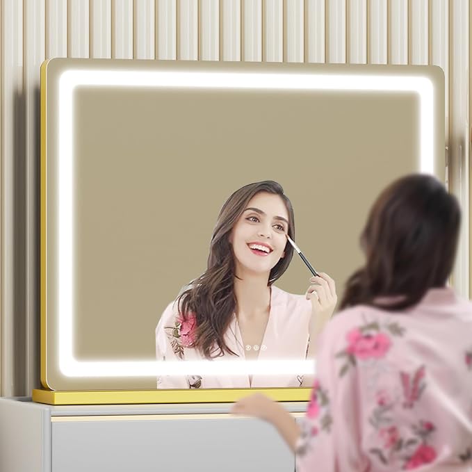 Gvnkvn Makeup Vanity Mirror with USB Charging Port 24" x 19" Large LED Makeup Mirror, Desk Mirorr with Lights, Light up Mirror with 10X Magnification and, Dimmable 3 Modes, Touch Control White