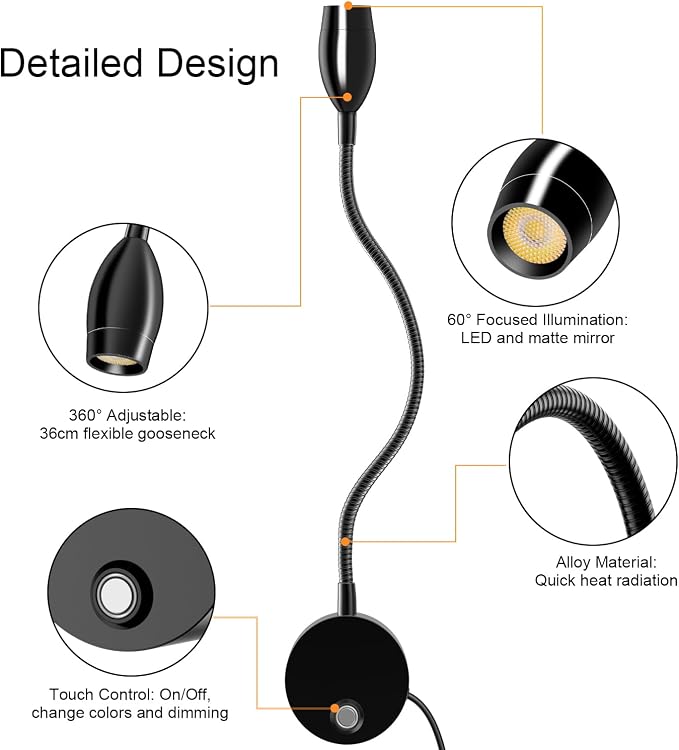 ERAY 1 Pack Plug-in LED Wall Mounted Bedside Reading Light for Bed | Touch Control, 3 Dimmable, 360°Flexible Gooseneck Headboard Book Reading Night Lamp Wall Sconce,Eye-Caring, 3000k-6000k