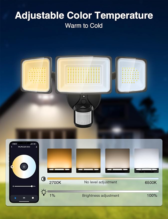 Onforu 100W Smart Outdoor Security Lights with Motion Sensor, WiFi APP Control, Compatible with Alexa & Google Assistant, 9000LM Dimmable LED Flood Light, 2700K-6500K, 3 Adjustable Heads, Black