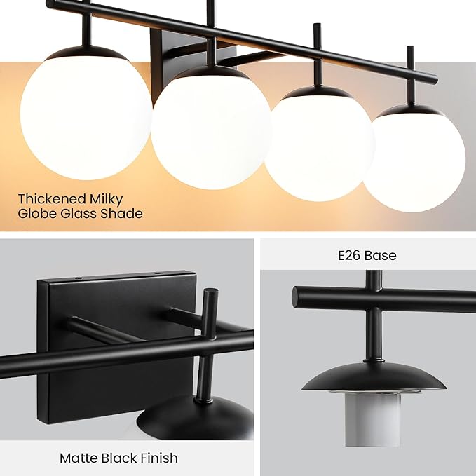 Bathroom Lighting Fixtures Over Mirror, 4-Light Matte Black Vanity Light, 30.7 Inch Modern Bathroom Light Fixtures with Milky White Glass Globe Shade Bath Vanity Lighting Fixtures Wall Sconce