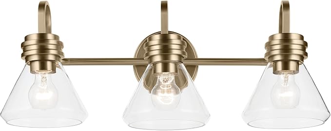 Kichler Farum 3-Light Bathroom Vanity Light, Champagne Bronze | Modern vanity light with clear glass for bathroom mirrors (26" x 9.5"), 55155CPZCLR