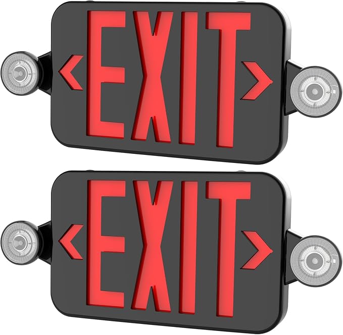 LED Exit Sign with Emergency Lights Dual LED Exit Light,Battery Backup | Two Bright LED Adjustable Heads Emergency Exit Lights, Hardwired Dual LED Combo Exit Lamp. ABS Fire Resistance UL, Red