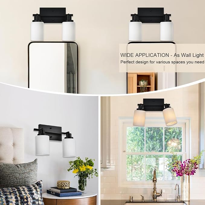 Wall Sconce Track Lighting Kit, 2-Lights Wall Mounted Light Fixtures in Black Finish, Ceiling Spotlight with Opal White Glass for Bedroom Cloakroom