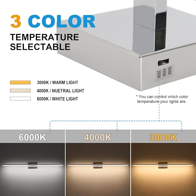 LED Bathroom Vanity Light, Modern Bathroom Light Fixture Over Mirror (3000K/4000K/6000K, Dimmable), Vanity Light Bar with Angle Adjustable, 48 Inch, Chrome
