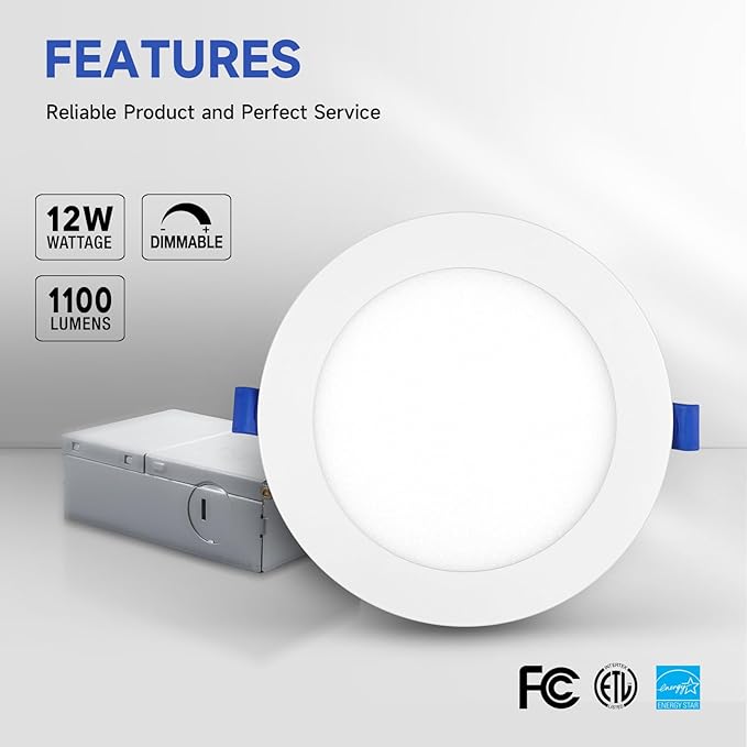 ECOELER 6 Inch LED Recessed Lighting with Junction Box, 12W 1100Lm 3000K Warm White, Dimmable LED Ceiling Light, High Brightness Canless Lights, ETL & FCC Listed