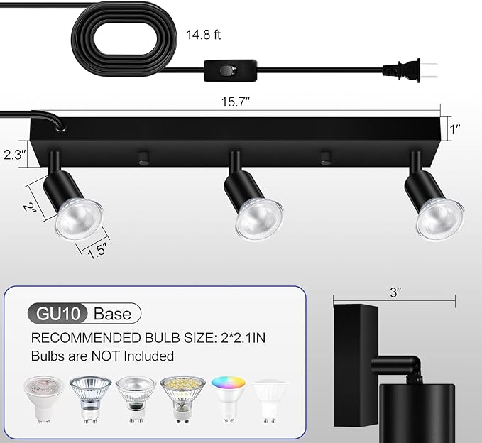 Plug-in Track Lighting, LED Track Lighting Fixtures Ceiling Kit, 16" Black Plug in Wall Light with 14.8ft Cord, 3-Light Ceiling Spotlight,Rotatable Kitchen Light Head for Bedroom Hallway(GU10,NO Bulb)