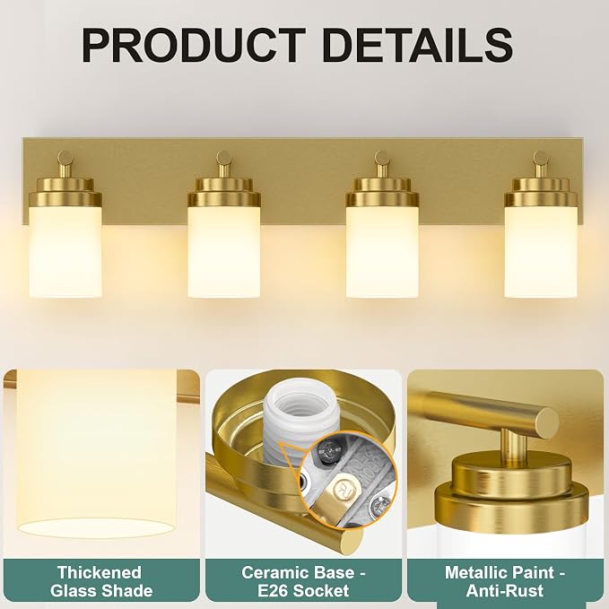 IZORRO Bathroom Vanity Light Fixture, 4-Light 30 Inch Gold Bathroom Light Fixtures Over Mirror, with White Glass Shade, Modern Farmhouse Vanity Lights, Rustic Restroom Lighting Fixtures