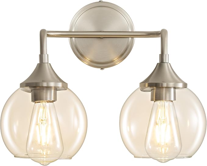 Bathroom Light Fixtures 2-Light Brushed Nickel Vanity Light 14" | Farmhouse Vanity Lighting Fixtures Over Mirror, Thickened Clear Glass Shade, UL E26 Dimmable Vanity Light Fixtures