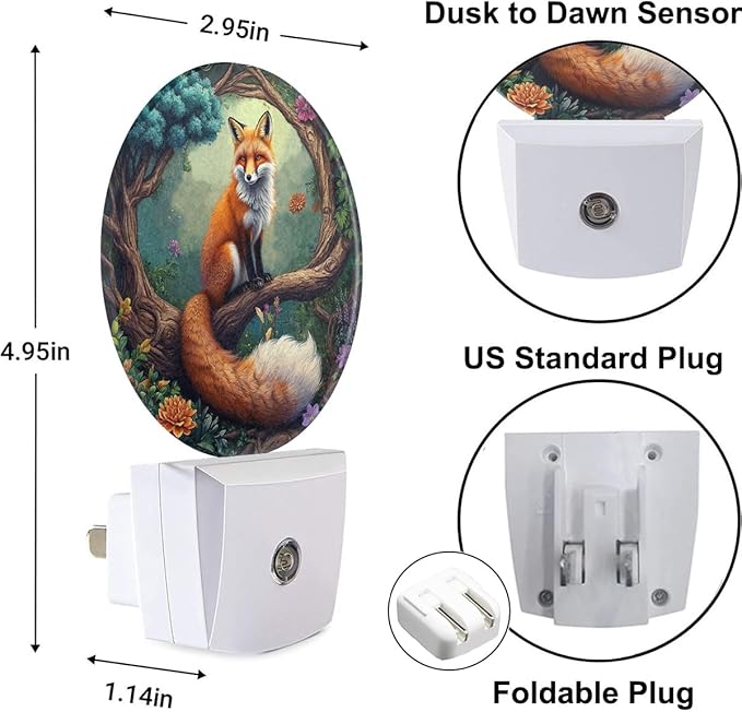 Plug-in Charming Fox Night Light Enchanted Woodland Night Lights Plug into Wall with Auto on/Off Sensor, 0.5W LED Nightlight for Bedroom Bathroom Kitchen Hallway