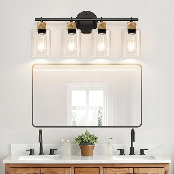 MOKATNG Bathroom Light Fixtures, 4-Light Farmhouse Vanity Lights with Hemp Rope, Black Bathroom Wall Lamp for Mirror Kitchen Hallway Cabinet