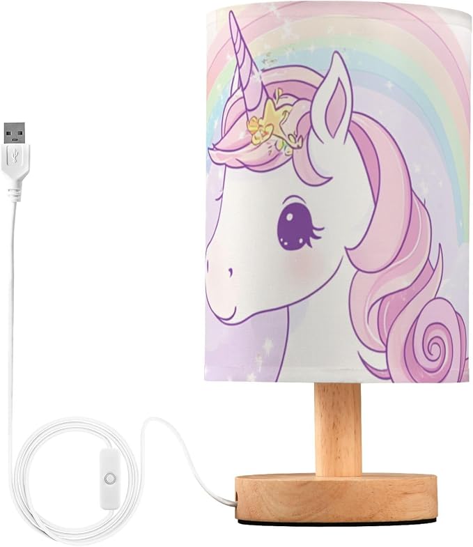 Pink Unicorn with Rainbow Hearts Bedside Table Lamps with USB Port for Bedroom Lamp Accent Table Lamp Small Nightstand Lamp Sturdy Linen Shade Wooden Base Decorative Lamps for Kids Reading Dorm Home