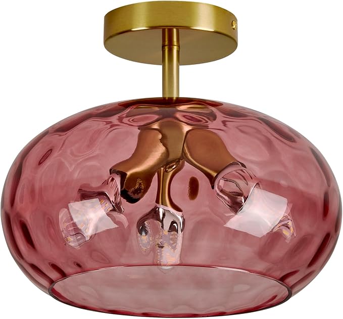 Vintage Semi Flush Mount Ceiling Light ,12″ Art Deco Red Hammered Glass | Gold,Mid Century,Whimsical,MCM,Unique Cute Retro Light Fixtures for Girls Bedroom,Entryway Laundry Room Kitchen Closet Foyer