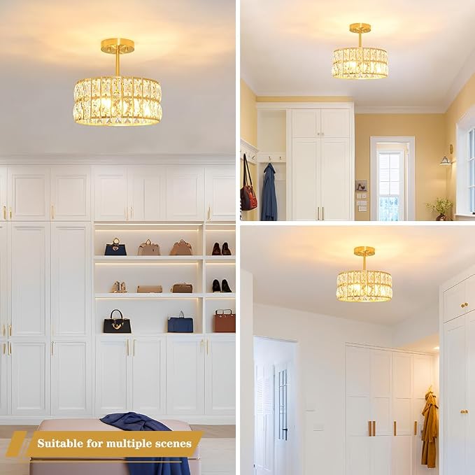 Brushed Gold Crystal Ceiling Light, Modern Semi Flush Mount Ceiling Lighting, Hallway Lighting Fixtures, Small Chandelier Light Fixture for Kitchen Entryway Bedroom Dining Room, 3-Light, 12 Inch