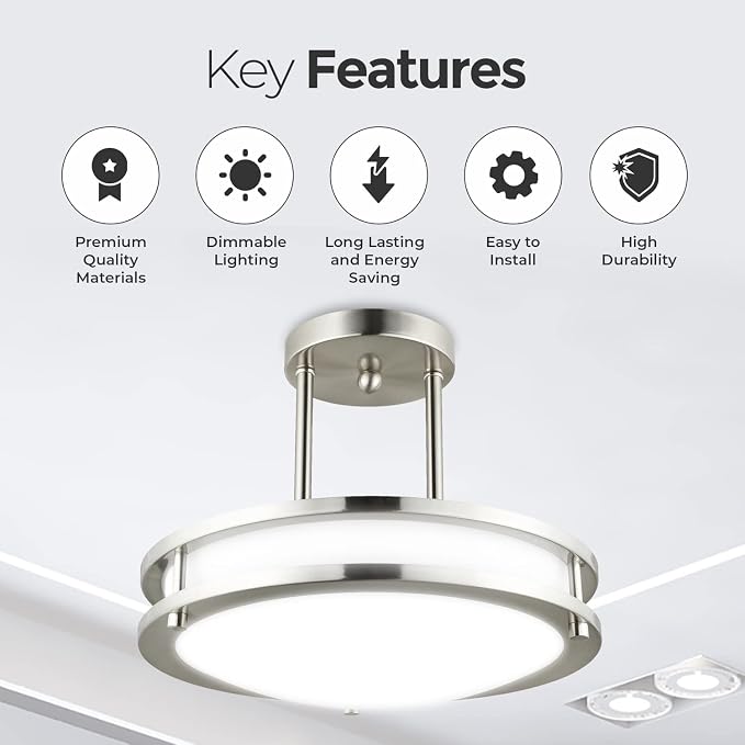 Diodesy- Semi Flush Mount Double Ring Ceiling Light 12-Inch Brushed Nickel Modern Close to Ceiling LED Light Fixture for Hallway Bedroom Living Room Kitchen Dimmable 30K/40K/50K 3CCT 15W 1050 Lumens