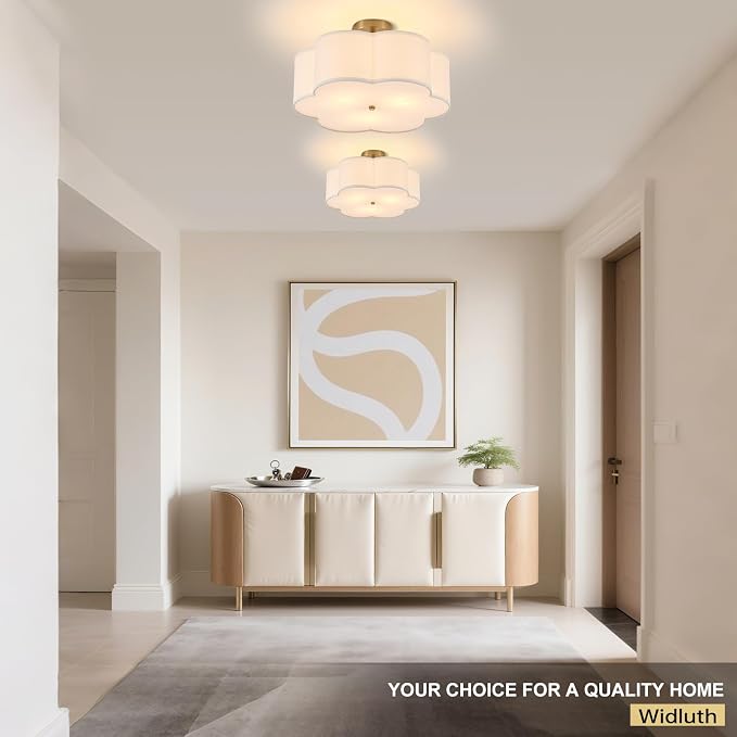 18" Modern Gold Drum Ceiling Light, 3-Light Semi-Flush Mount | Linen Drum Shade, Gold Metal Frame, Modern Style for Laundry Rooms, Kitchens, Basements, Dining Rooms, and Bedrooms, E26 Base