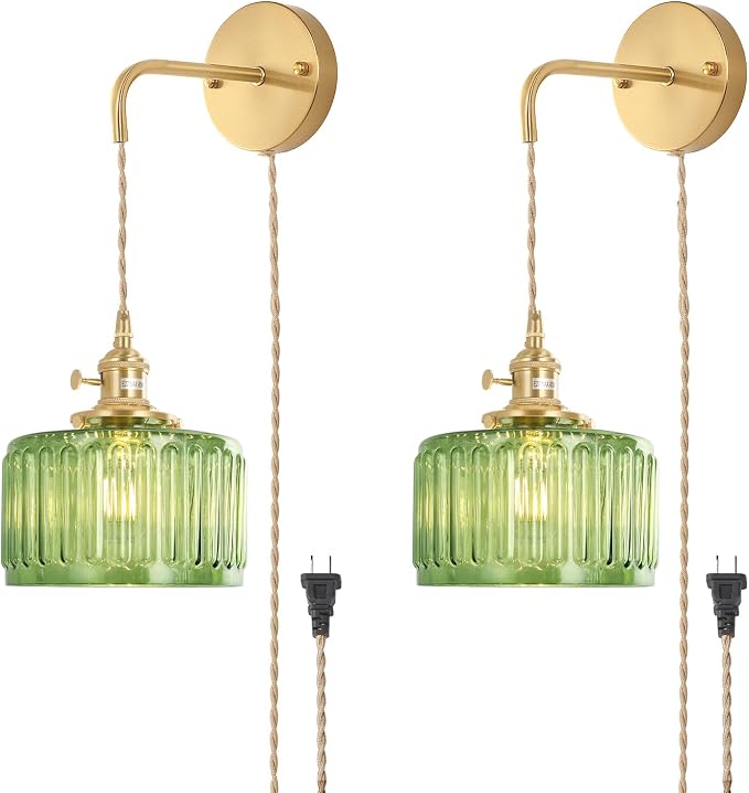 Shenmoyl Vintage Wall Sconce with Green Striped Glass Shade Hanging Wall Sconce with 4.9FT Plug in Cord, Modern Wall Lamp Fixtures Decor for Bedside Bedroom Indoor Doorway, Set of 2
