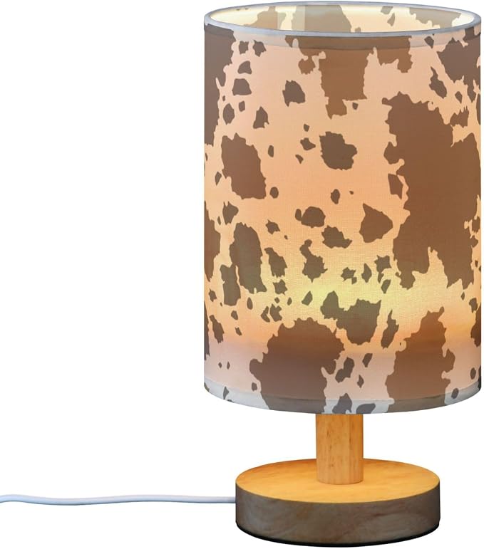 Table Lamp Cow Skin Brown Cowhide Pattern Nightstand Lamp with Wood Base Fabric Lamp Shade Bedside Desk Lamp for Living Room Bedroom Kids Room Office