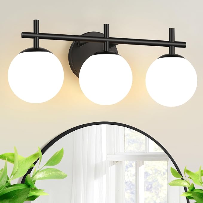 MOKATNG 3-Light Bathroom Light Fixtures with Milky White Glass, Matte Black | 19.3 inch Vanity Lights for Bathroom, Bathroom Lighting Over Mirror, Wall Sconce, Fits E12 bulbs(Bulb Not Included)