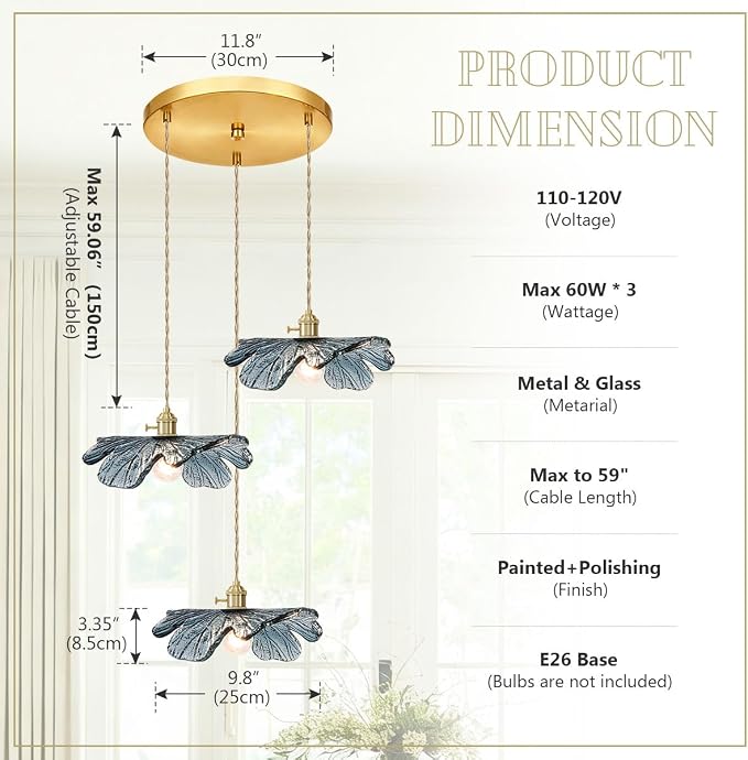 3-Cluster Chandelier Blue Glass Ceiling Pendant Light Fixtures Mid Century Adjustable Gold Brass Chandelier Lighting for Dining Room Living Room Kitchen, E26 Base