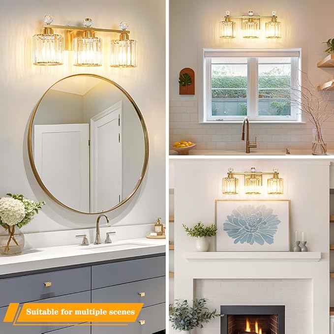 Modern Crystal Bathroom Vanity Light, Gold Bathroom Lighting Fixture, Crystal Brass Vanity Light Fixture Over Mirror, Bath Wall Mounted Lighting for Bedroom, Living Room