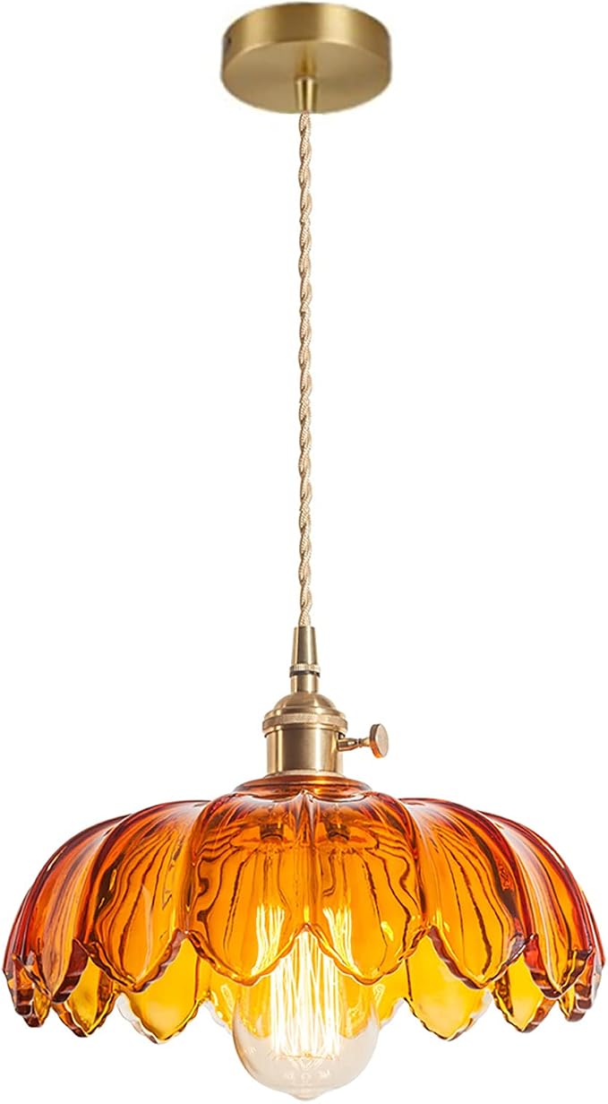 Amber Glass Pendant Light Fixtures Medium 9.8 Inches Lampshade Gold Brass Finish and Switch Vintage Pendant Ceiling Lamp Copper Pendant Lighting (Amber)