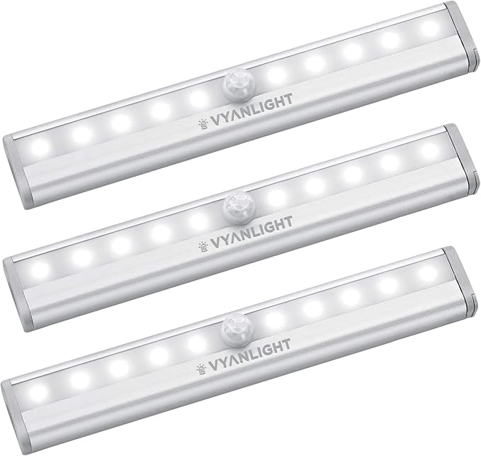 Motion Sensor LED Under Cabinet Lights, 10 LED Light Strips for Closet, Kitchen, Bathroom, Pantry - Battery Operated, Wireless, Peel and Stick, 3 Pack