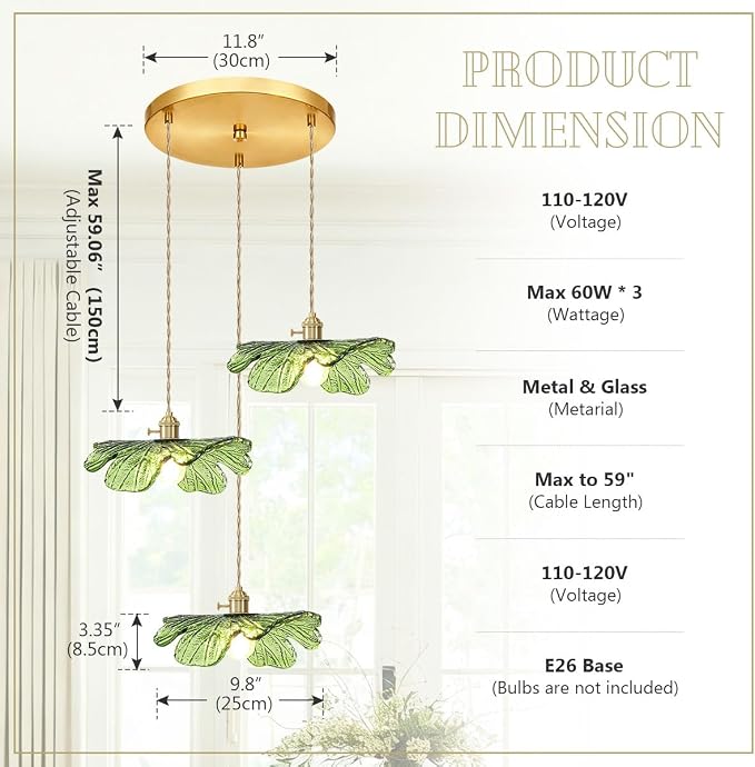 Vintage Cluster Pendant Light 3-Light Green Flush Mount Chandelier | Green Flower Glass Hanging Ceiling Light, Brass Gold E26, Adjustable 59" , Mid Century Modern, Dining Room Kitchen Farmhouse