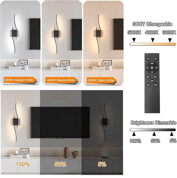 Daunton Modern Battery Operated Wall Sconce Set of 2, Black Dimmable LED Wall Light with Remote Control, 3CCT Adjustable, Timer& Memory Function, Wireless Wall Light for TV Wall Living Room Bedroom