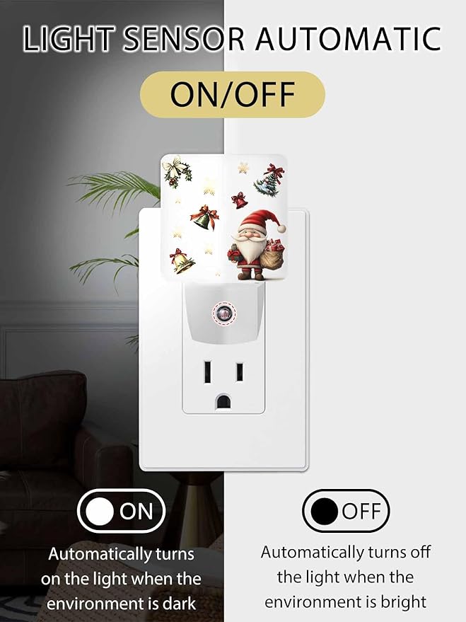 Christmas Night Lights Plug into Wall LED Night Light Santa Claus with Gift Snowflake Bell Winter Automatic Dimmable Dusk-to-Dawn Square Shaped Smart Nightlight for Bathroom/Bedroom