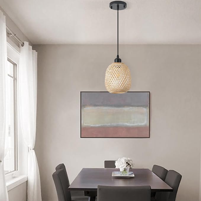 1pcs Hand Woven Bamboo Boho Chic Pendant Light,Adjustable Cord Bamboo Rattan Ceiling Hanging Light for Dining Room Bar Cafe Restaurant Craft Room