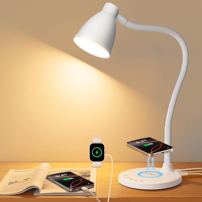 BOHON LED Desk Lamp for Home Office with USB C Charging Wireless Charger | 5 Colors, Stepless Dimming Desk Light Timer Reading Light Touch Bedside Table Lamp for College Dorm Room