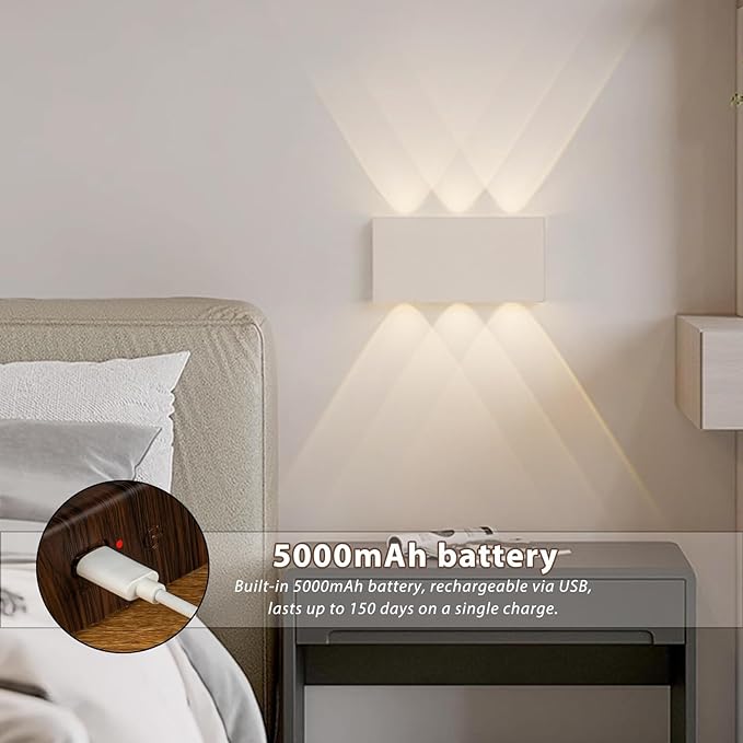 Shelprojsu LED Magnetic Wall Sconce Lights,5000mAh Wireless Bedside Wall Light USB Rechargeable Reading Wall Lamp,3 Lighting Colors and Dimmable Battery Operated Wall Sconces (White, 1 pcs)