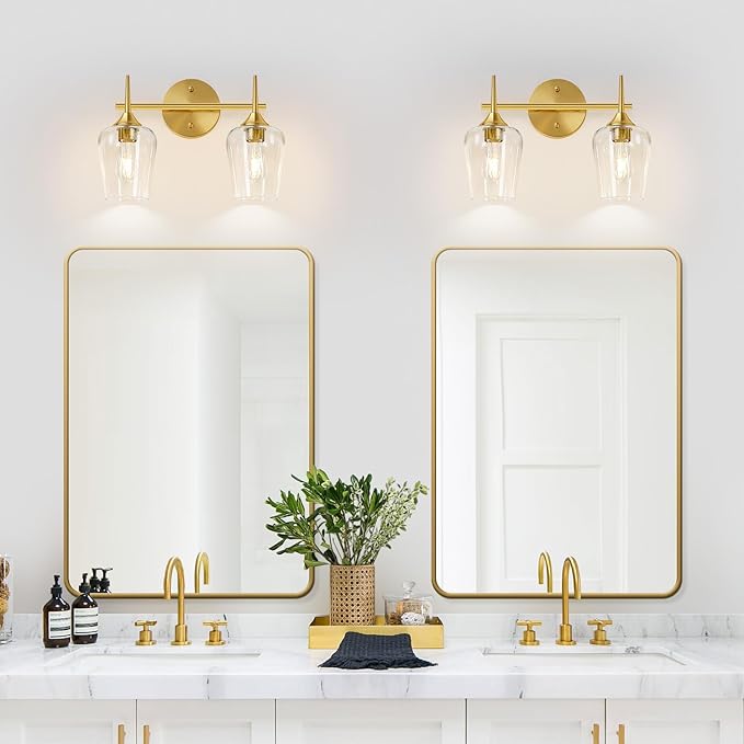 2-Light Bathroom Light Fixtures, Gold Vanity Lights for Bathroom with Clear Glass, Bathroom Lighting Fixtures Over Mirror, Modern Wall lamp for Cabinet Hallway