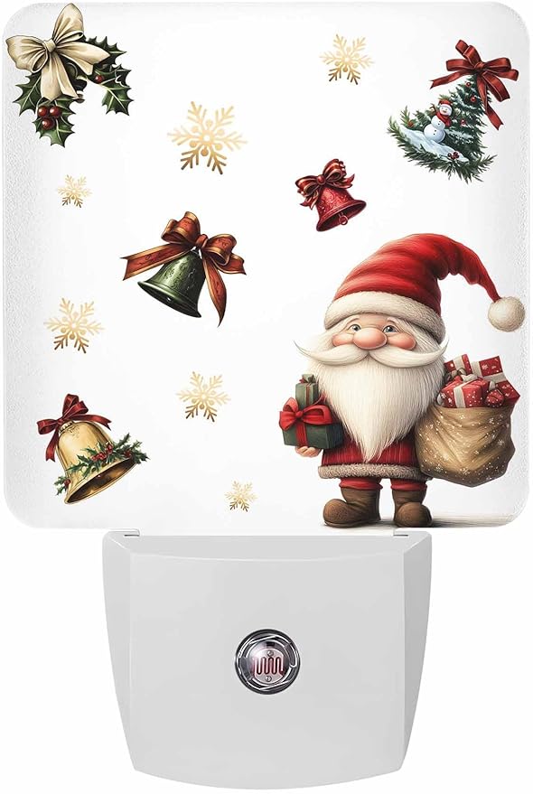 Christmas Night Lights Plug into Wall LED Night Light Santa Claus with Gift Snowflake Bell Winter Automatic Dimmable Dusk-to-Dawn Square Shaped Smart Nightlight for Bathroom/Bedroom