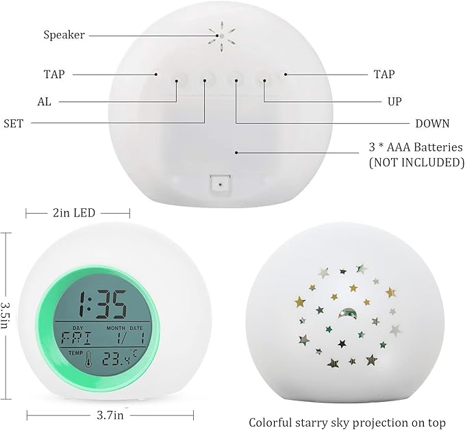 Tarklanda Alarm Clock for Kids,Moon Stars Projector Alarm Clock,7 Color Changing Night Light,Snooze Touch Control Temperature for Kids’ Bedroom, Digital Clock for Girls Boys Children Birthday Gifts