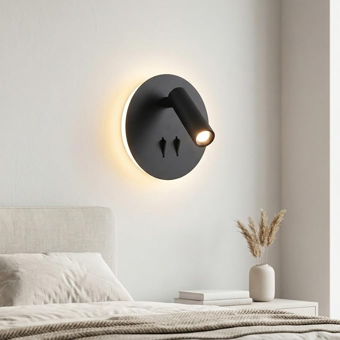 DEC LUCE DECOLUCE LIGHTING Modern Minimalist LED Wall Sconce,Hardwired 2-Light Reading Backlight,Dual Light Control (3W/240lm+6W/480lm), Swing Arm Wall Light Fixtures for Bedroom/Bedside(Black)