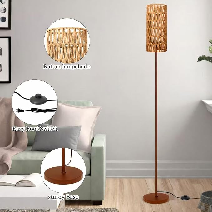 Ruiever Floor Lamp for Living Room,Farmhouse Floor lamp,Modern Standing lamp with Hand-Worked Rattan Shade (Brown Body with 3 Color Bulb)
