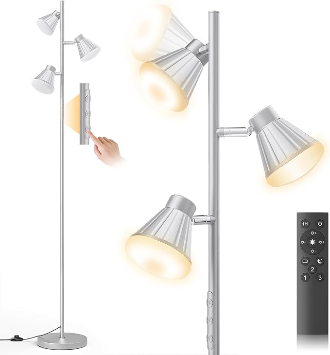 36W LED Tree Floor Lamp, Dimmable Tall Standing Lamp with Remote & Touch Control, 4 Color Temperatures Bright Floor Lamp, 3 Rotatable Light Modern Floor Lamps for Living Room Bedroom Office