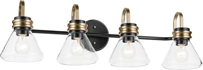 Kichler Farum 4-Light Bathroom Vanity Light, Black | Modern vanity light with clear glass for single or double mirrors (34" x 9.5"), 55156BKCLR