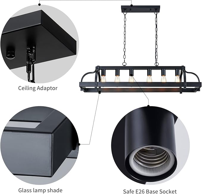 WUZUPS 6-Light Metal Pot Hanging Rack Chandelier Linear Pendant Ceiling Lighting Rustic Farmhouse Fixture Kitchen Island Dining Room, H 9.8" L 40.6" W11.8, E26 Base, Black