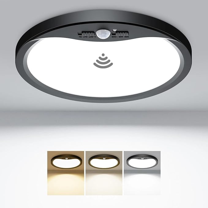 hepside Motion Sensor Ceiling Light Wired, 3000K/4000K/6500K LED Flush Mount Ceiling Light Fixture, 12Inch 24W Motion Sensor Light with Timer for Closet Stair Porch Hallway Pantry,Black
